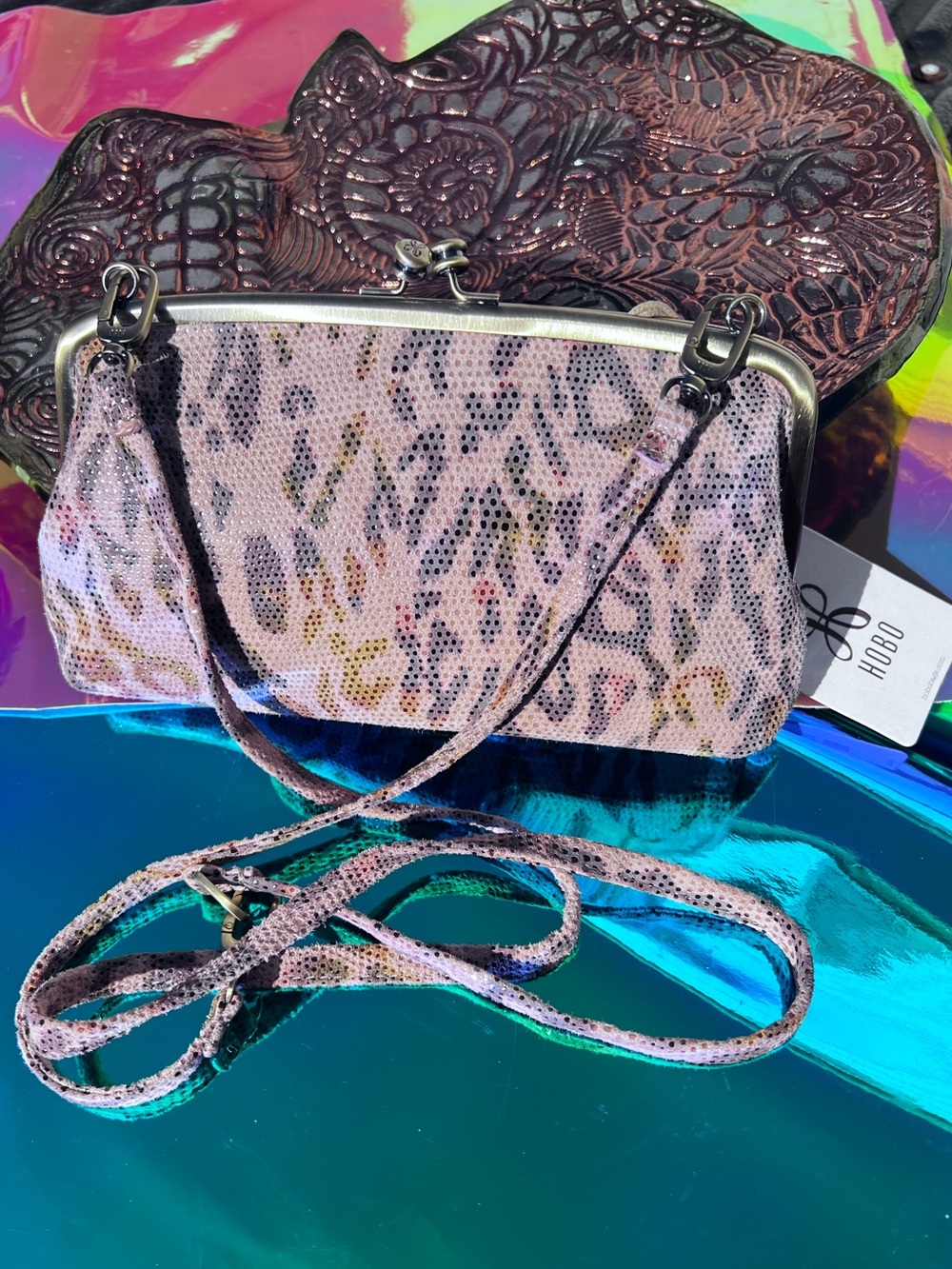 HOBO Cora Pink Leopard-Print Kiss-Lock Crossbody Purse/Wallet